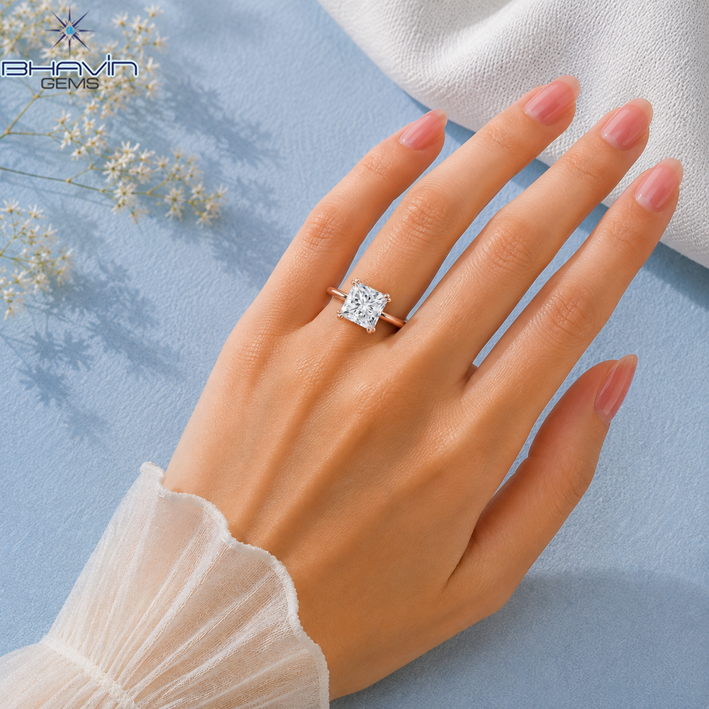 Princess Cut Solitaire Engagement Ring with Double Corner Prongs and Floral Basket in Rose Gold