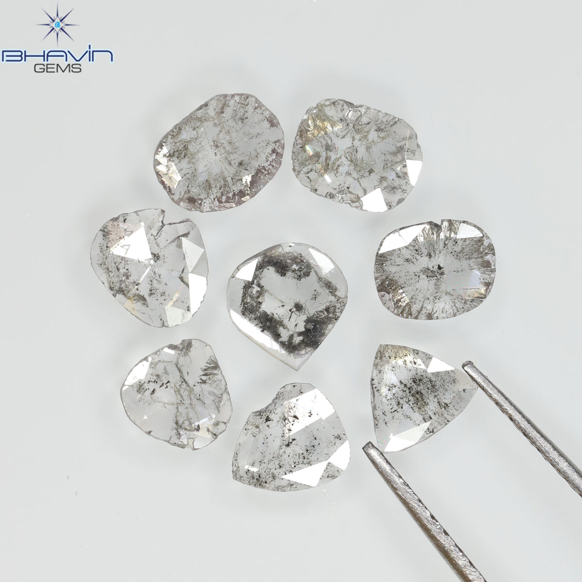 1.32 CT/8 Pcs Natural Uncut Slice Diamond Salt and Pepper Color Clarity I3 (5.57 MM)
