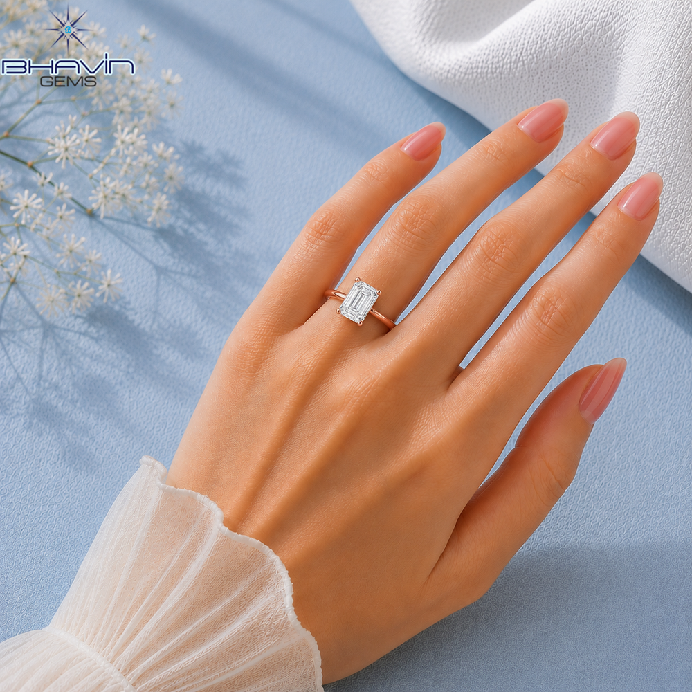 Emerald Cut Solitaire Engagement Ring with Tulip Petal Basket in Rose Gold