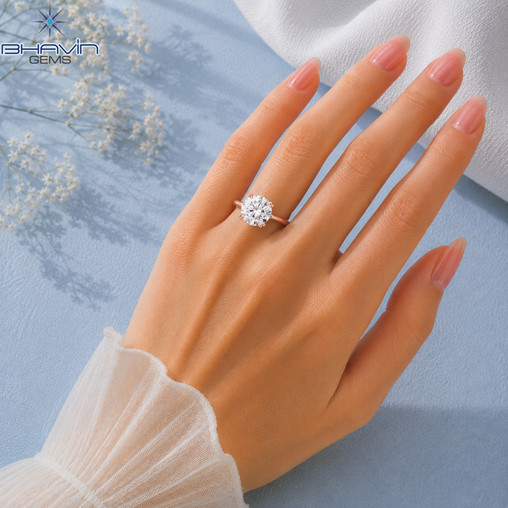 Round Brilliant Cut Solitaire Engagement Ring with Double Claw Prongs and Floral Basket in Rose Gold