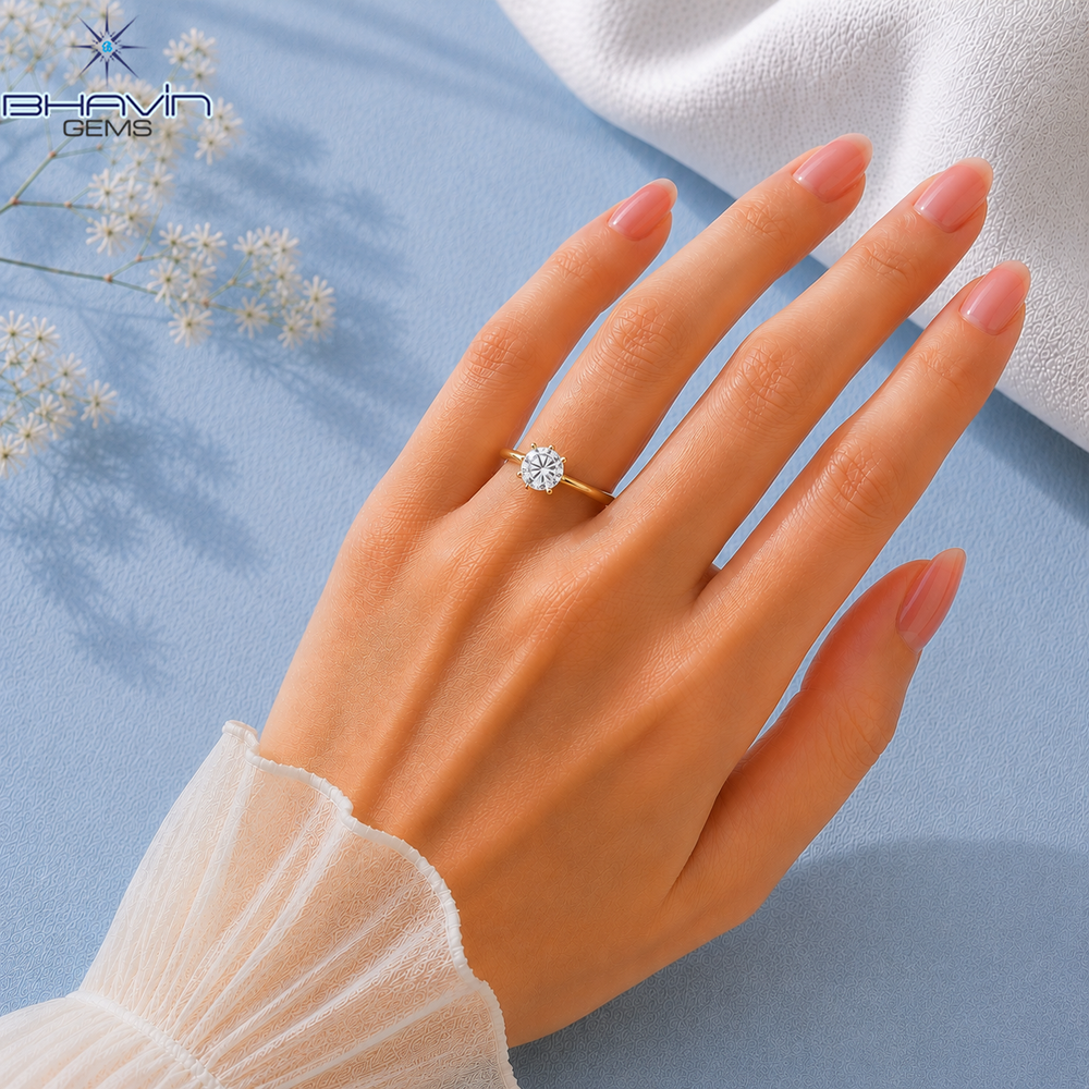 Round Brilliant Cut Solitaire Engagement Ring with 6-Prong Tulip Petal Basket in Yellow Gold