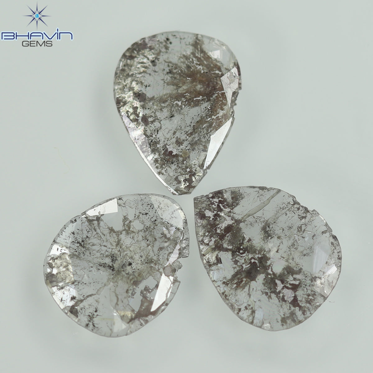 1.27 CT/3 Pcs Natural Pear Slice Diamond Salt and Pepper Color Clarity I3 (8.02 MM)