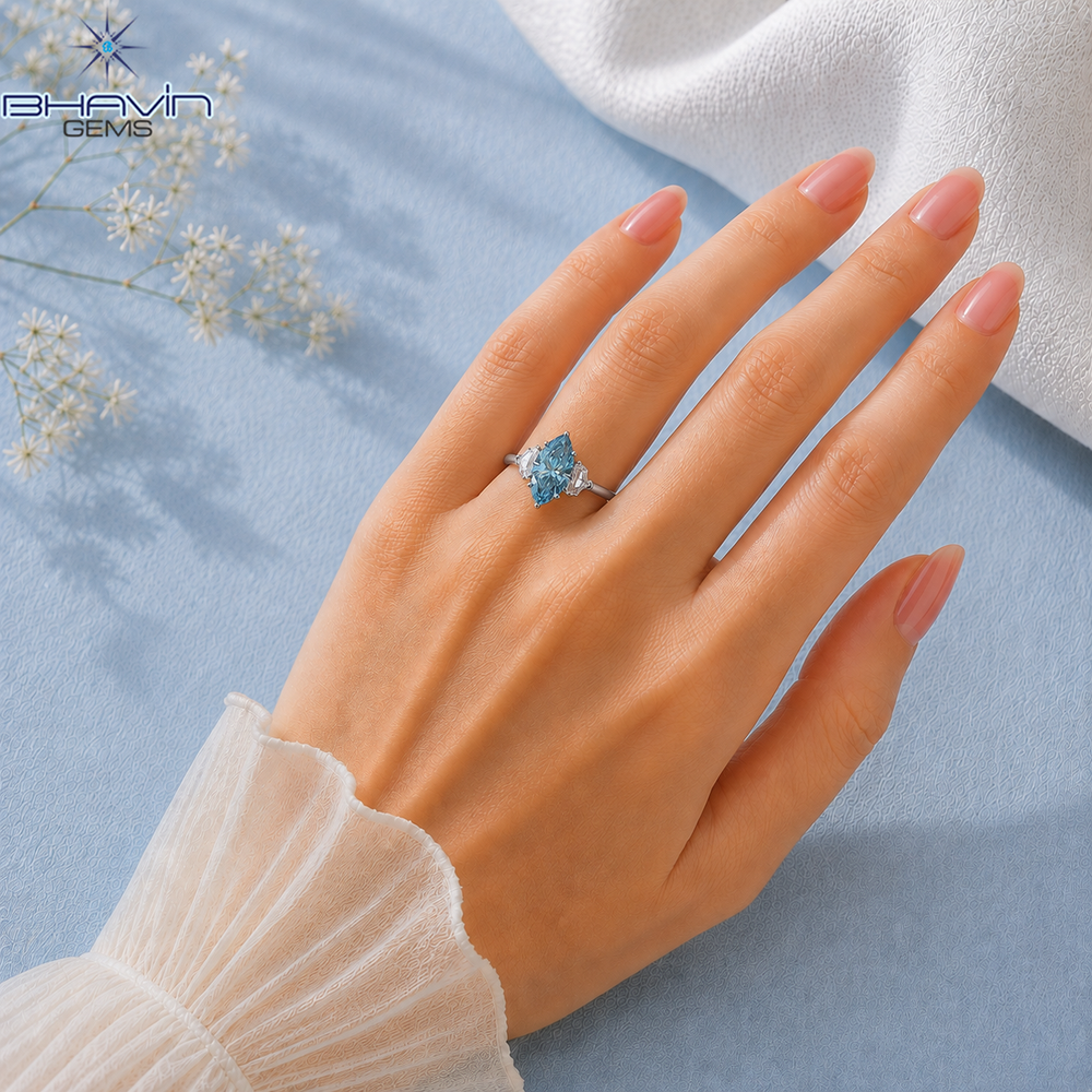 Marquise Blue Diamond Three-Stone Engagement Ring