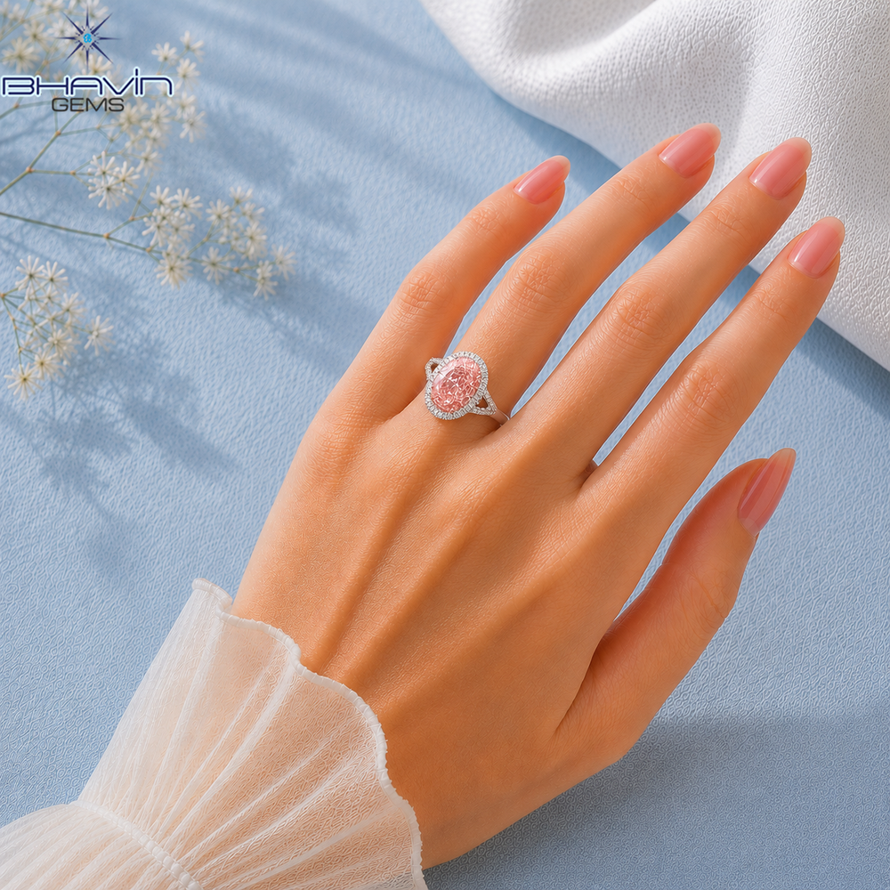 Oval Pink Diamond Double Halo Split Shank Engagement Ring