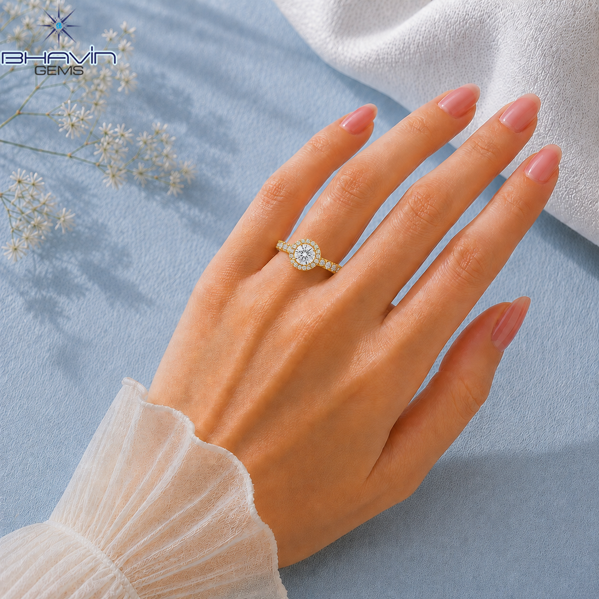 Round Halo Diamond Engagement Ring with Diamond Band