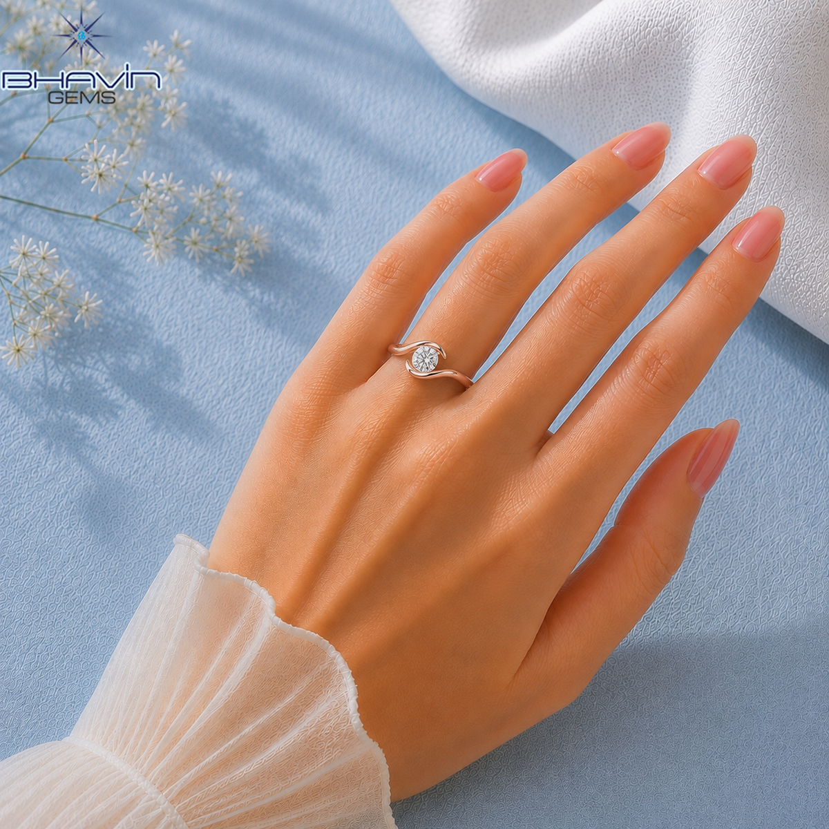 Round Cut Solitaire Ring with Flowing Swirl Bypass Band