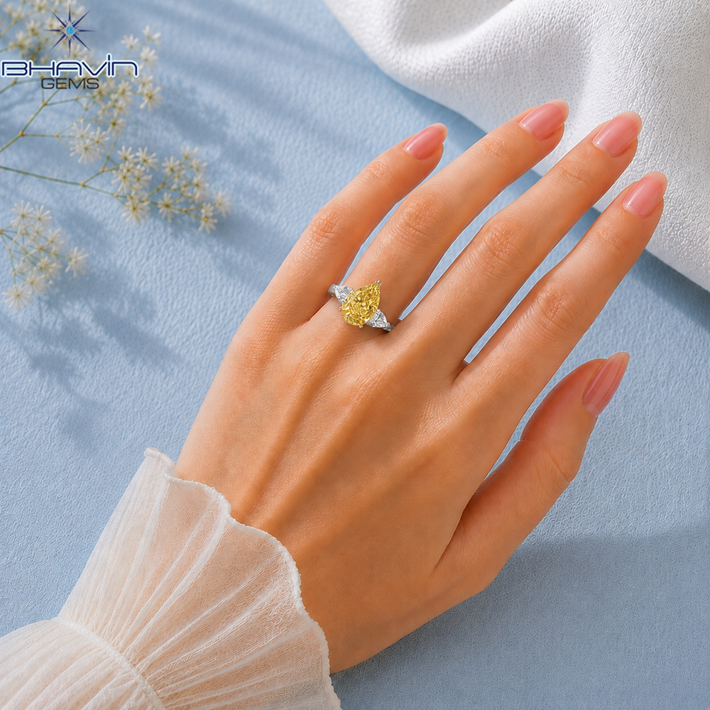 Majestic Yellow Pear Three-Stone Diamond Ring