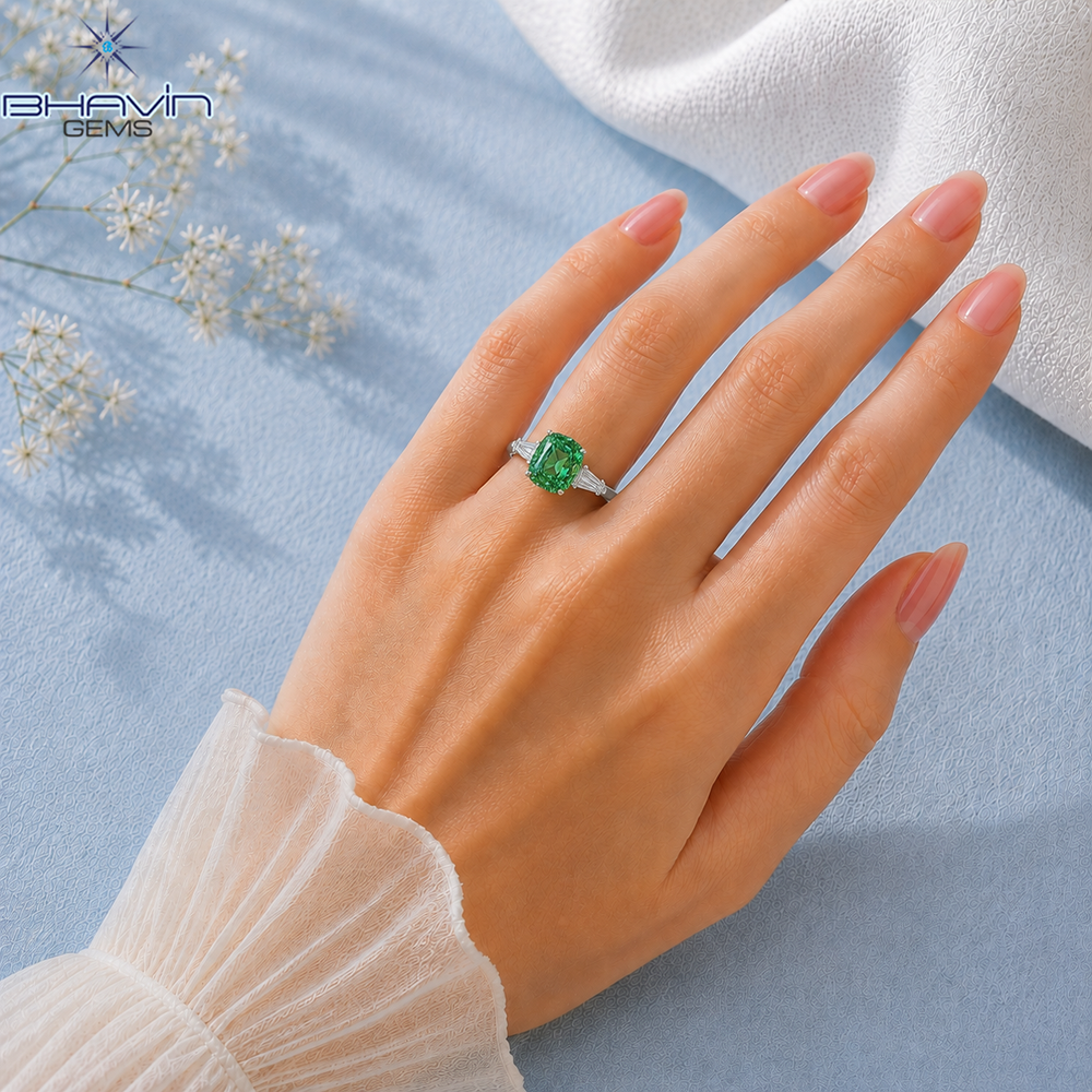 Elegant Green Cushion Cut Three-Stone Engagement Ring