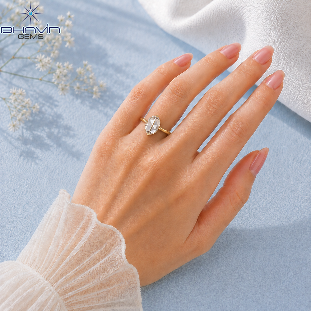 Elongated Oval Rose Cut Diamond Classic Engagement Ring