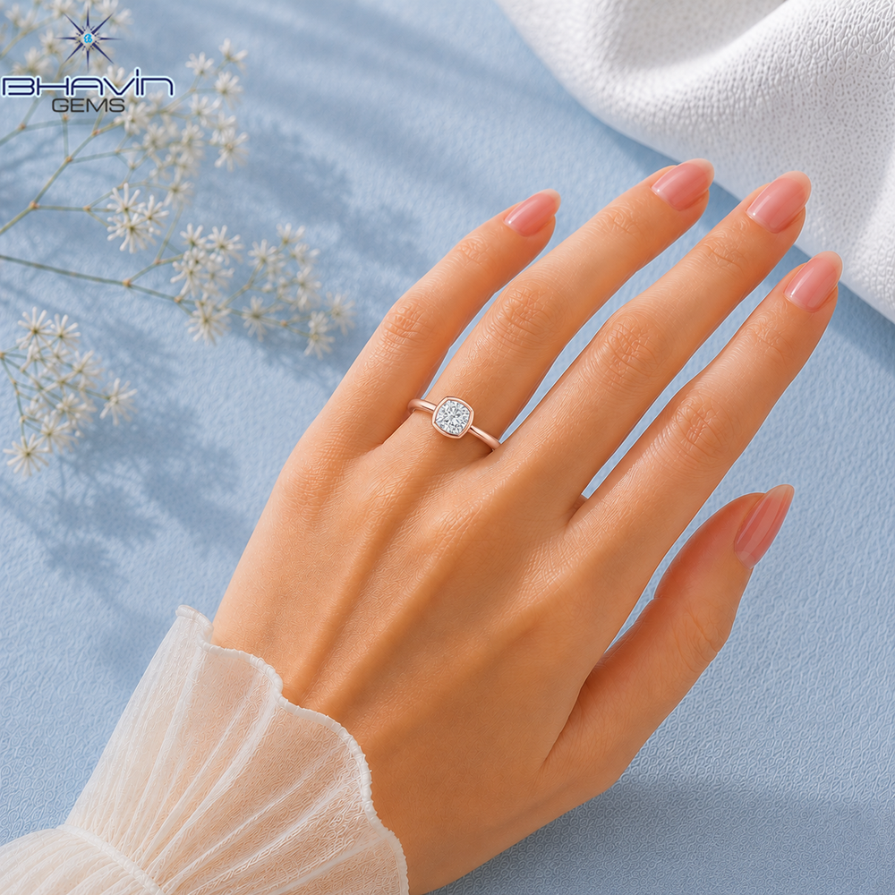 Cushion Cut Bezel Set Solitaire Engagement Ring in Rose Gold