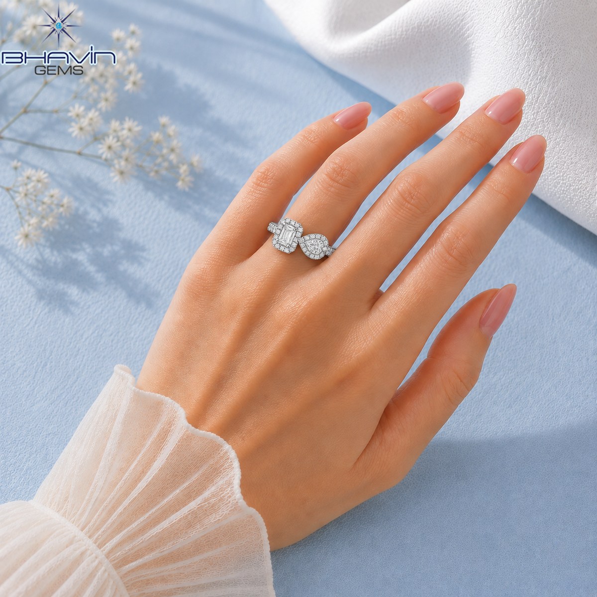Elegant Emerald & Pear Cut Diamond Toi Et Moi Ring with Double Halo Setting