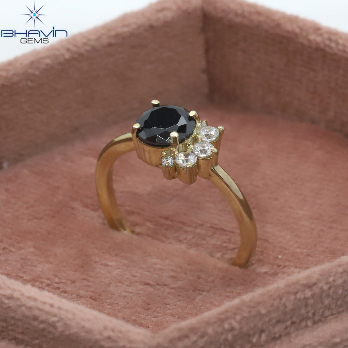 Natural Black Diamond Center Stone Ring with Floral Diamond Setting