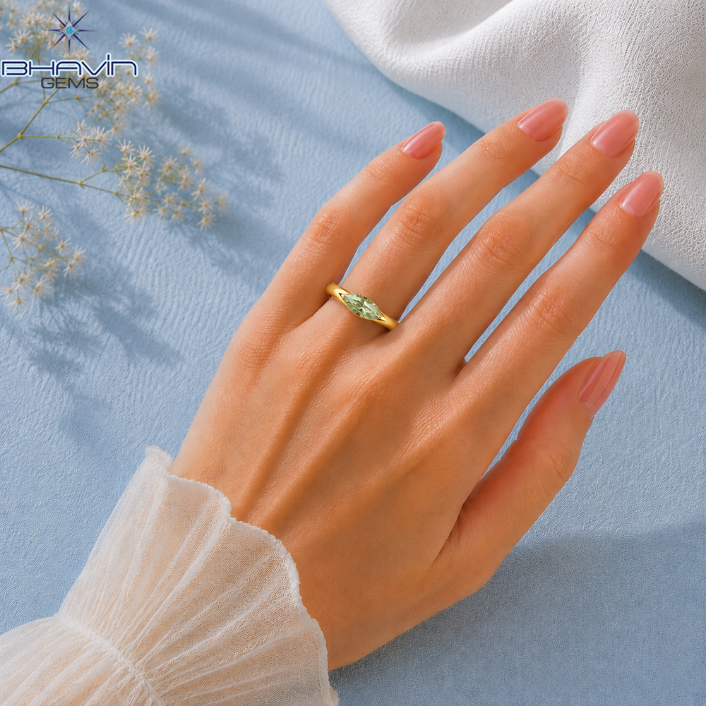 Marquise Cut Light Green Diamond Solitaire Ring with Sleek Polished Band
