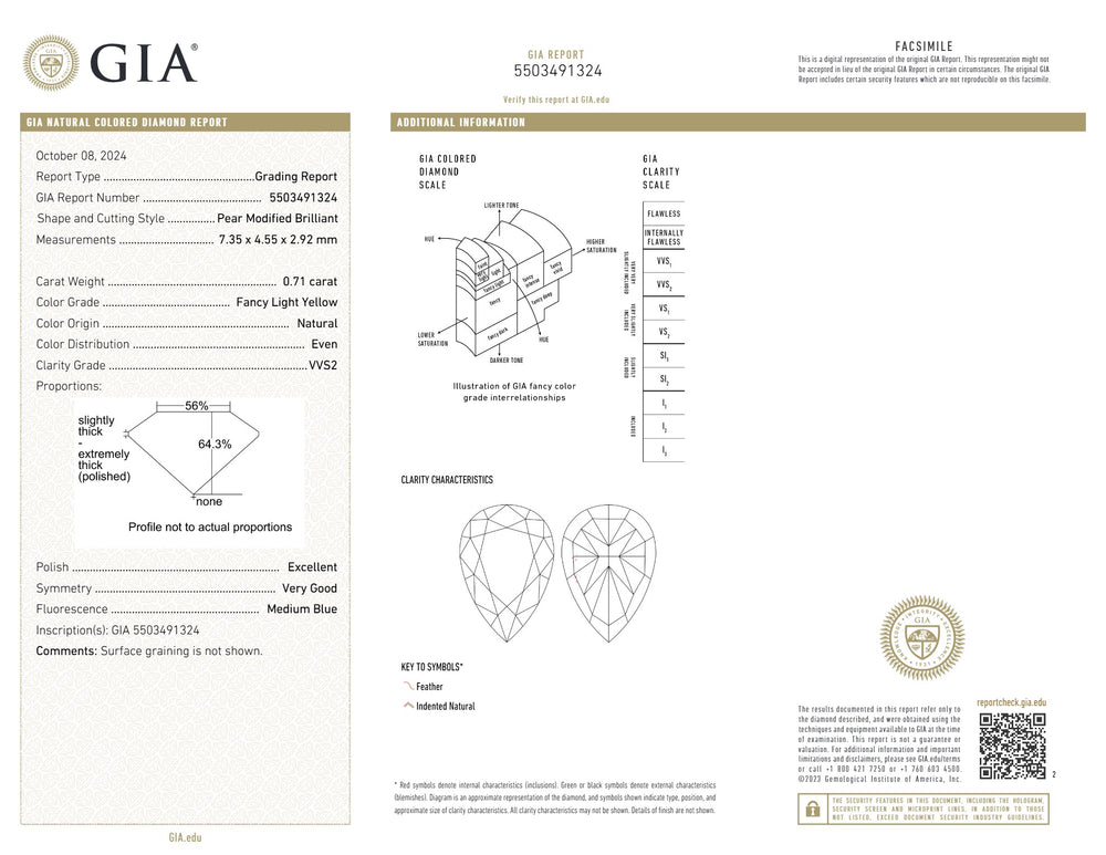 GIA Certified 0.71 CT Pear Diamond Yellow Color Natural Loose Diamond (7.35 MM)