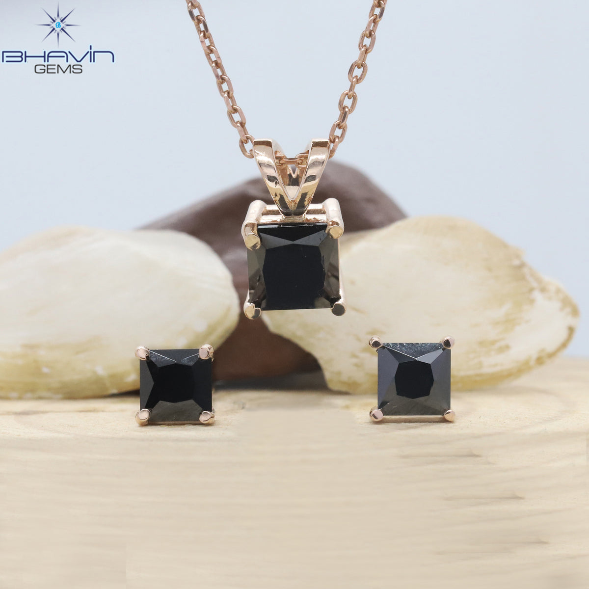 Noir Princess-Cut Black Diamond Pendant & Stud Earrings Set