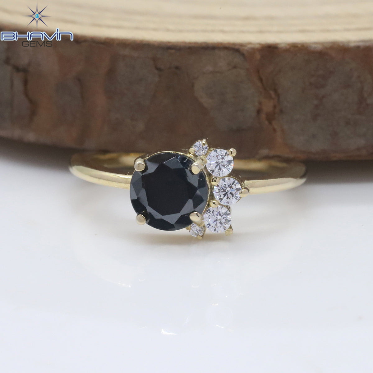 Natural Black Diamond Center Stone Ring with Floral Diamond Setting
