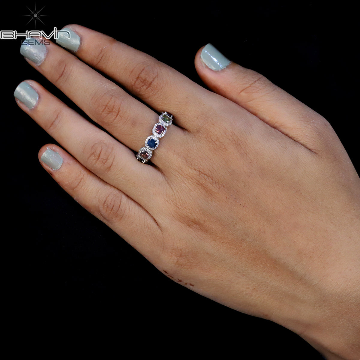 Cushion Cut Multi-Color Diamond Eternity Ring