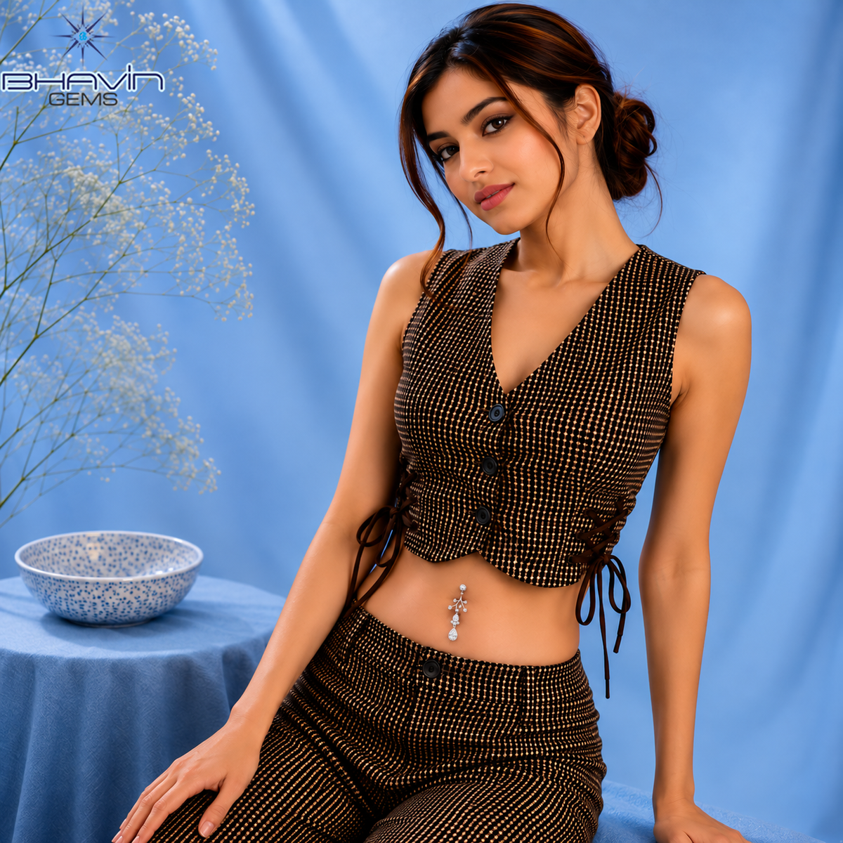 Botanical Branch Teardrop Diamond Dangle Belly Button Ring