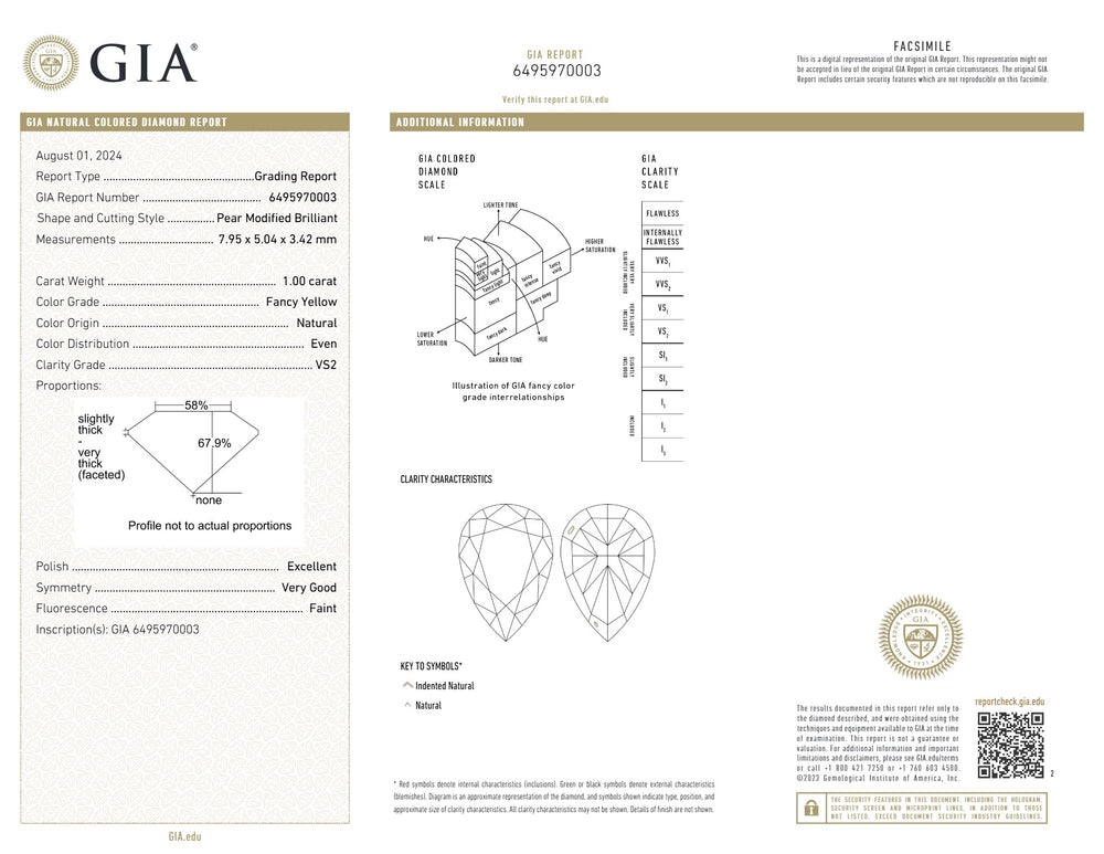 GIA Certified 1.00 CT Pear Diamond Yellow Color Natural Loose Diamond (7.95 MM)