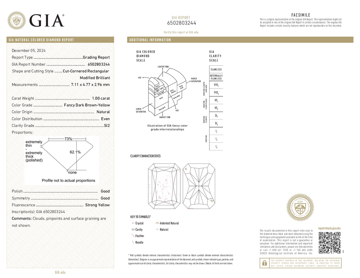 GIA Certified 1.00 CT Natural Radiant Diamond Fancy Dark Brown Yellow SI2 (7.11 MM)