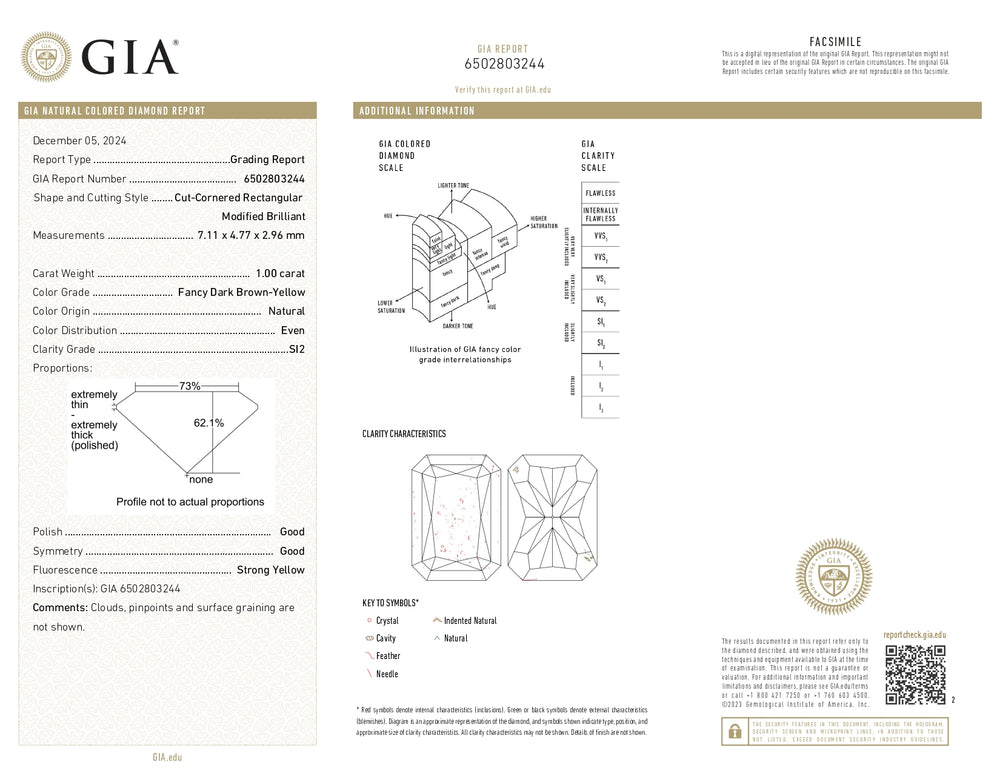 GIA Certified 1.00 CT Natural Radiant Diamond Fancy Dark Brown Yellow SI2 (7.11 MM)