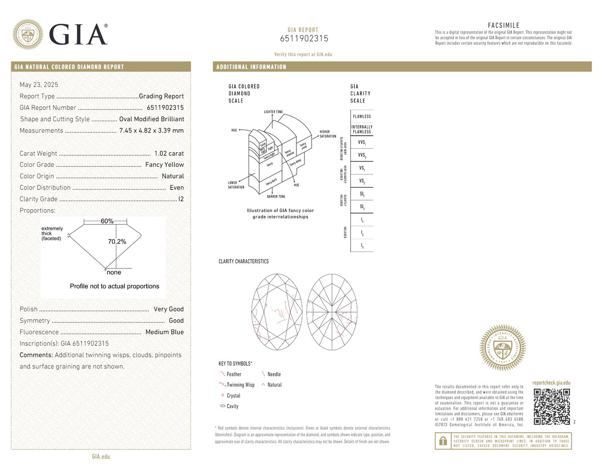 GIA Certified 1.02 CT Natural Oval Diamond Fancy Yellow Color Clarity I2 (7.45 MM)