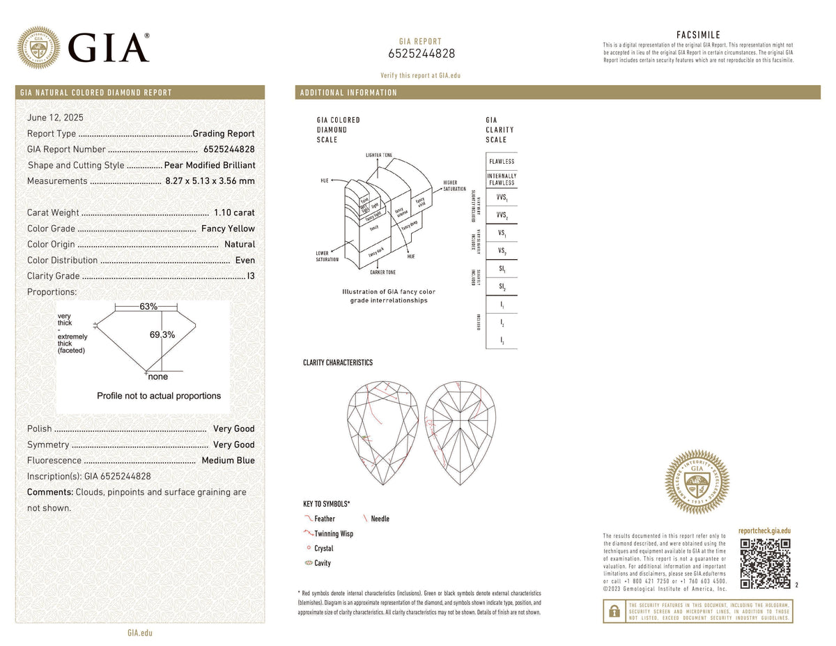 GIA認定 1.10 CT ペアシェイプ 天然ダイヤモンド イエローカラー I3 クラリティ (8.27 MM)