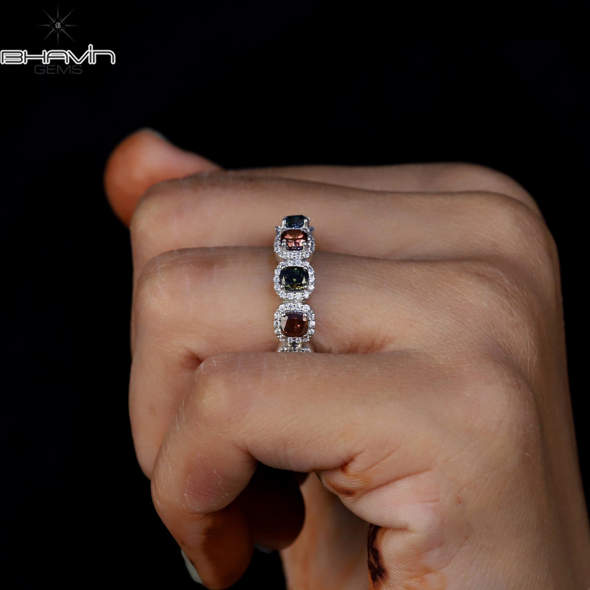 Cushion Cut Multi-Color Diamond Eternity Ring