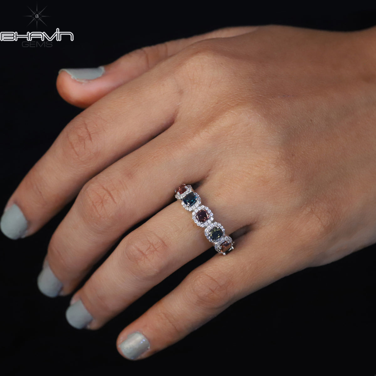 Cushion Cut Multi-Color Diamond Eternity Ring