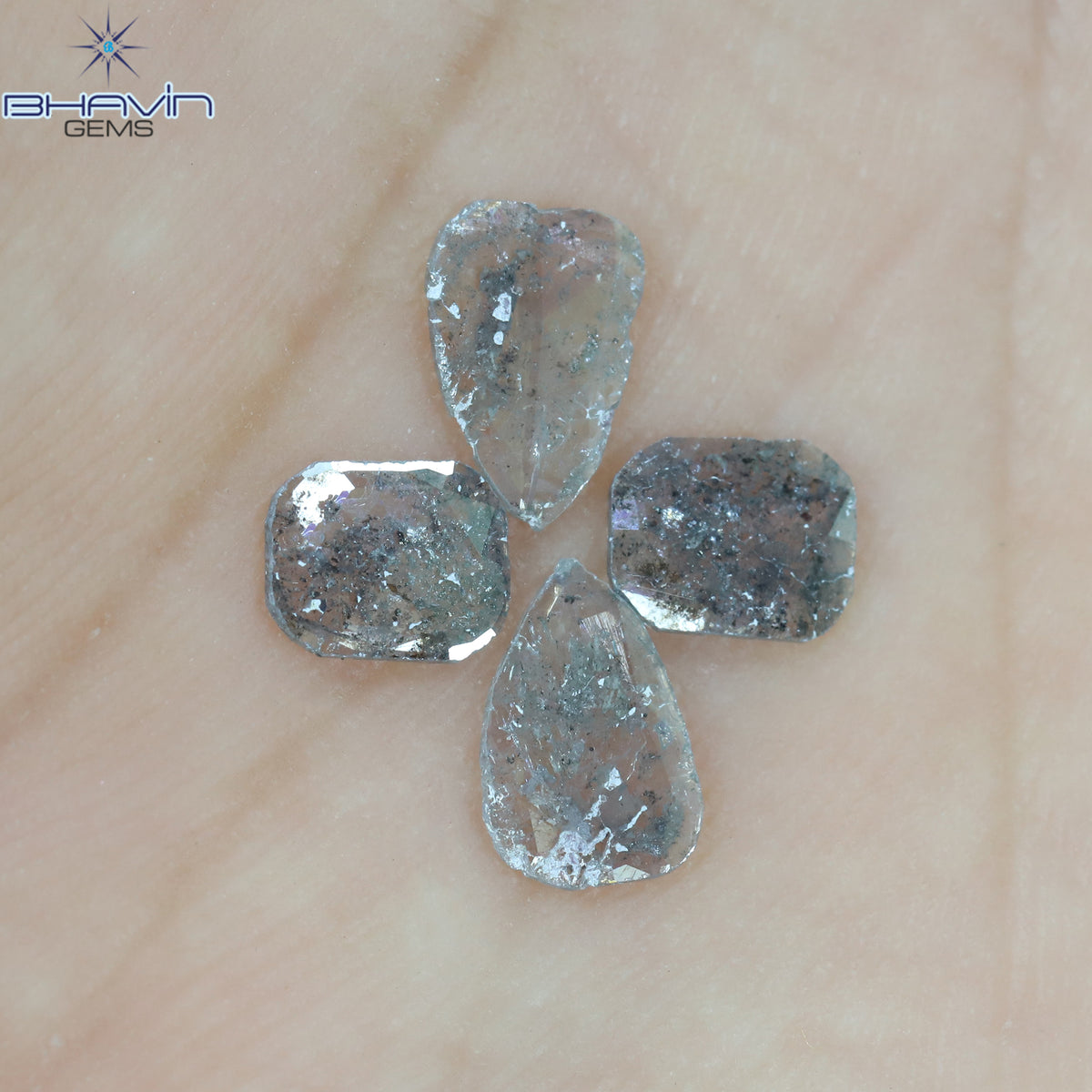 1.19 CT/4 Pcs Natural Uncut Slice Diamond Salt and Pepper Color Clarity I3 (7.69 MM)