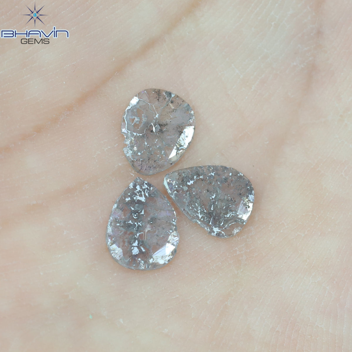 1.27 CT/3 Pcs Natural Pear Slice Diamond Salt and Pepper Color Clarity I3 (8.02 MM)