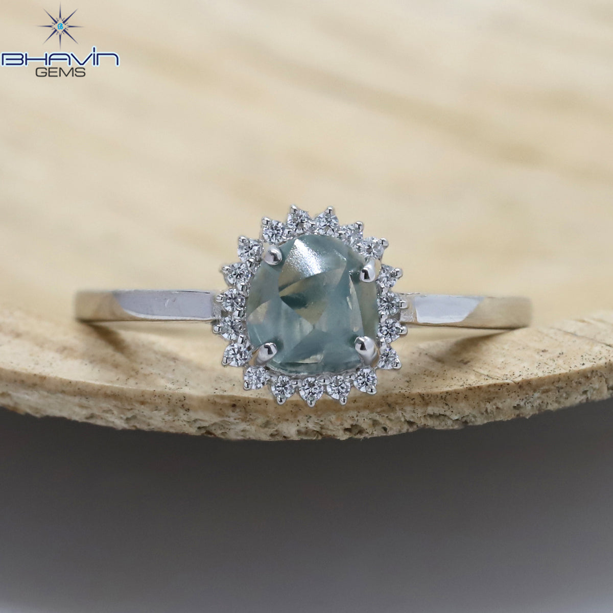 Natural Uncut Mint Blue Diamond Sunburst Ring