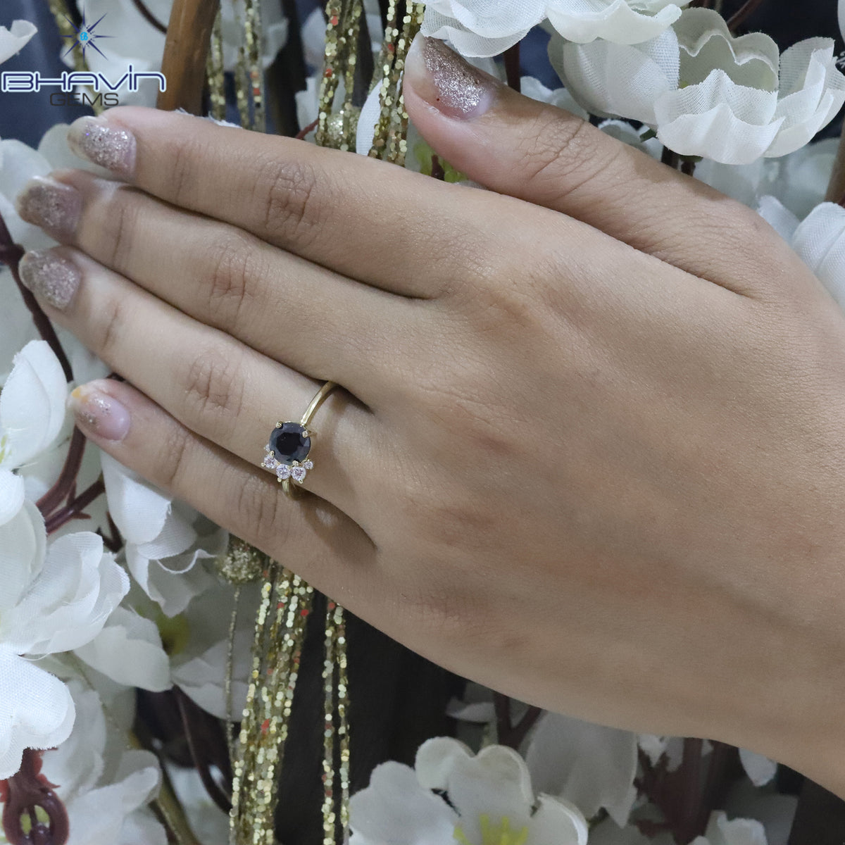 Natural Black Diamond Center Stone Ring with Floral Diamond Setting