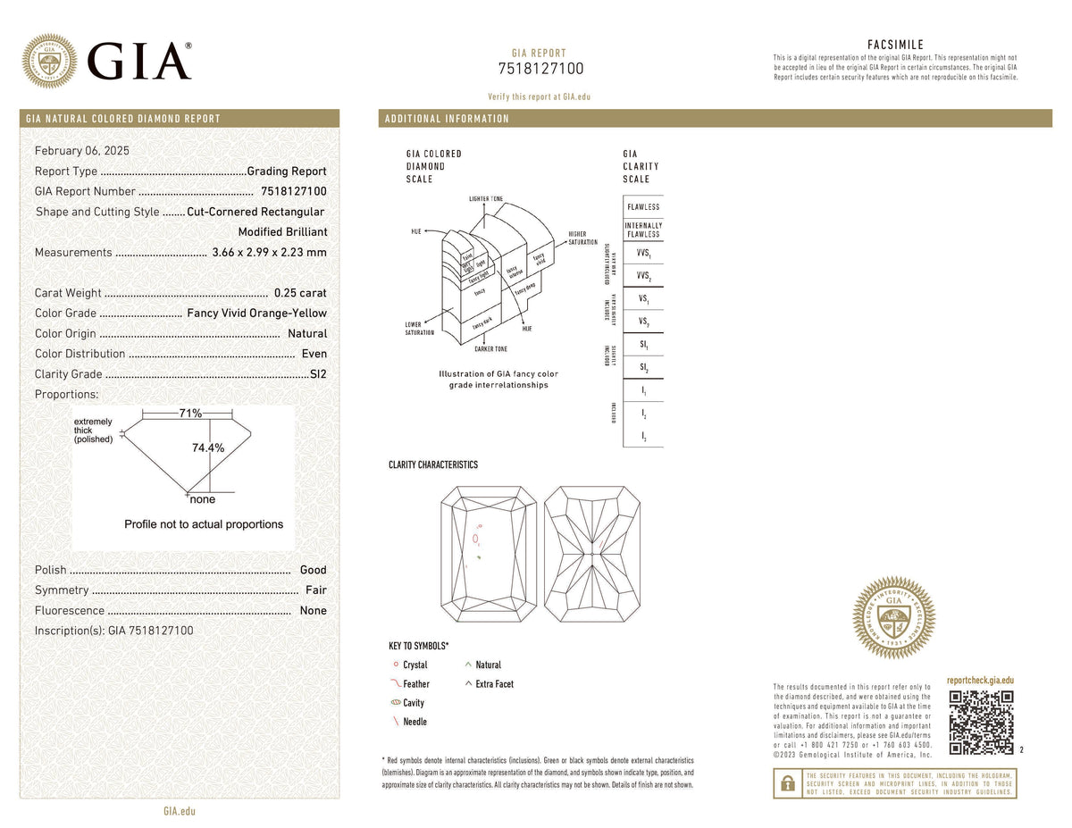 GIA Certified 0.25 CT Radiant Diamond Orange-Yellow Color Natural Diamond SI2 Clarity (3.66 MM)