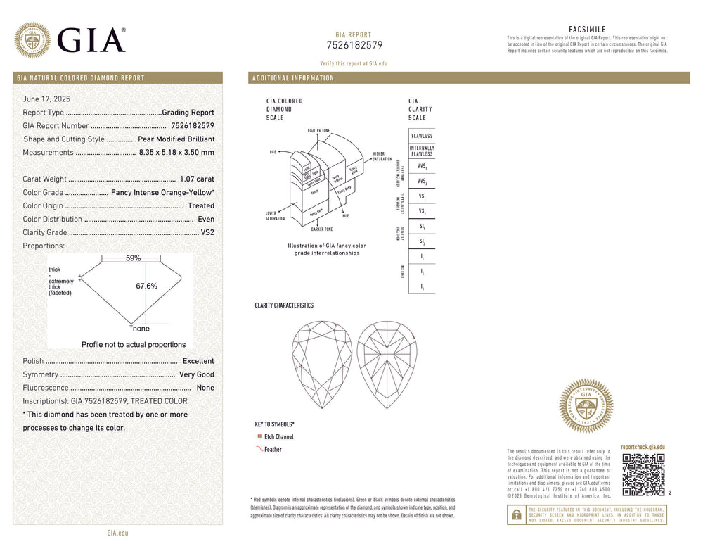GIA Certified 1.07 CT Pear Diamond Enhanced Orange-Yellow Color (8.35 MM)