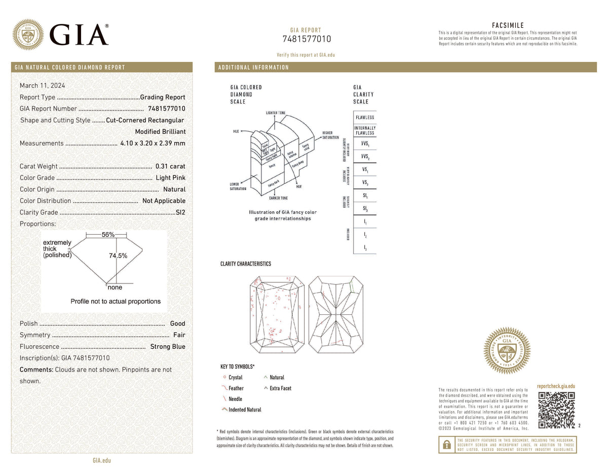GIA Certified 0.31 CT Radiant Shape Natural Diamond Pink Color SI2 Clarity (4.10 MM)