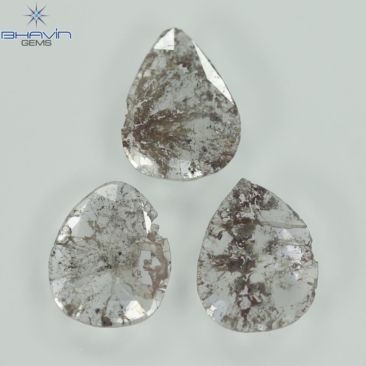 1.27 CT/3 Pcs Natural Pear Slice Diamond Salt and Pepper Color Clarity I3 (8.02 MM)