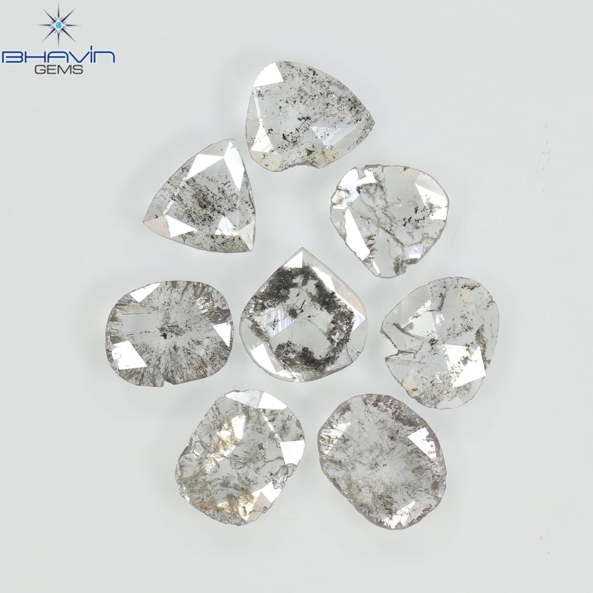 1.32 CT/8 Pcs Natural Uncut Slice Diamond Salt and Pepper Color Clarity I3 (5.57 MM)