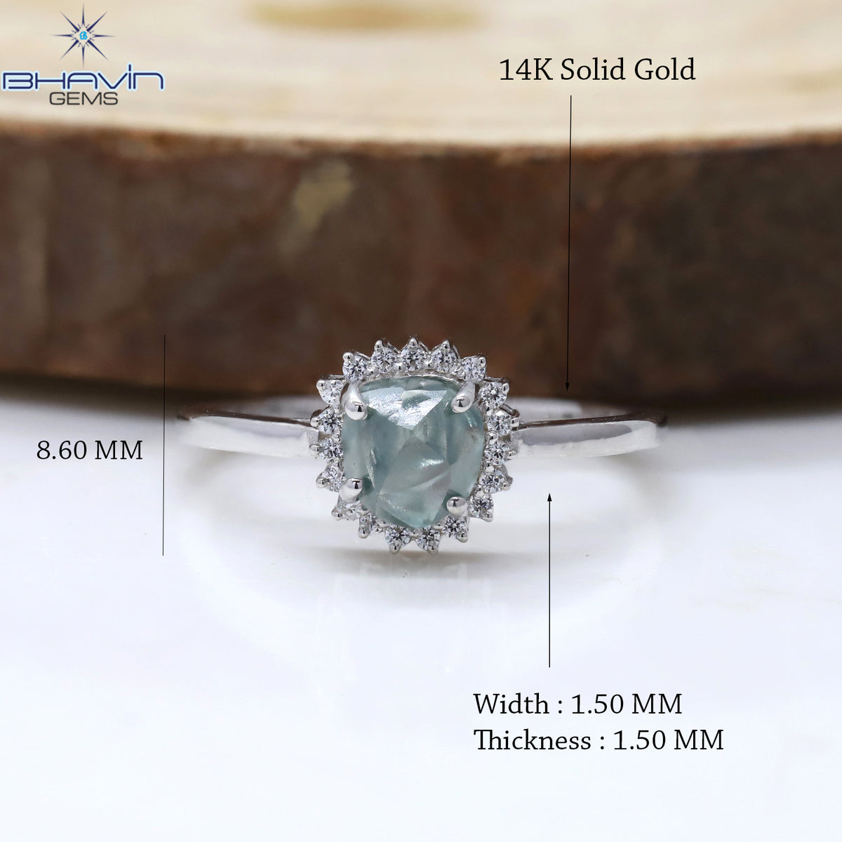 Natural Uncut Mint Blue Diamond Sunburst Ring