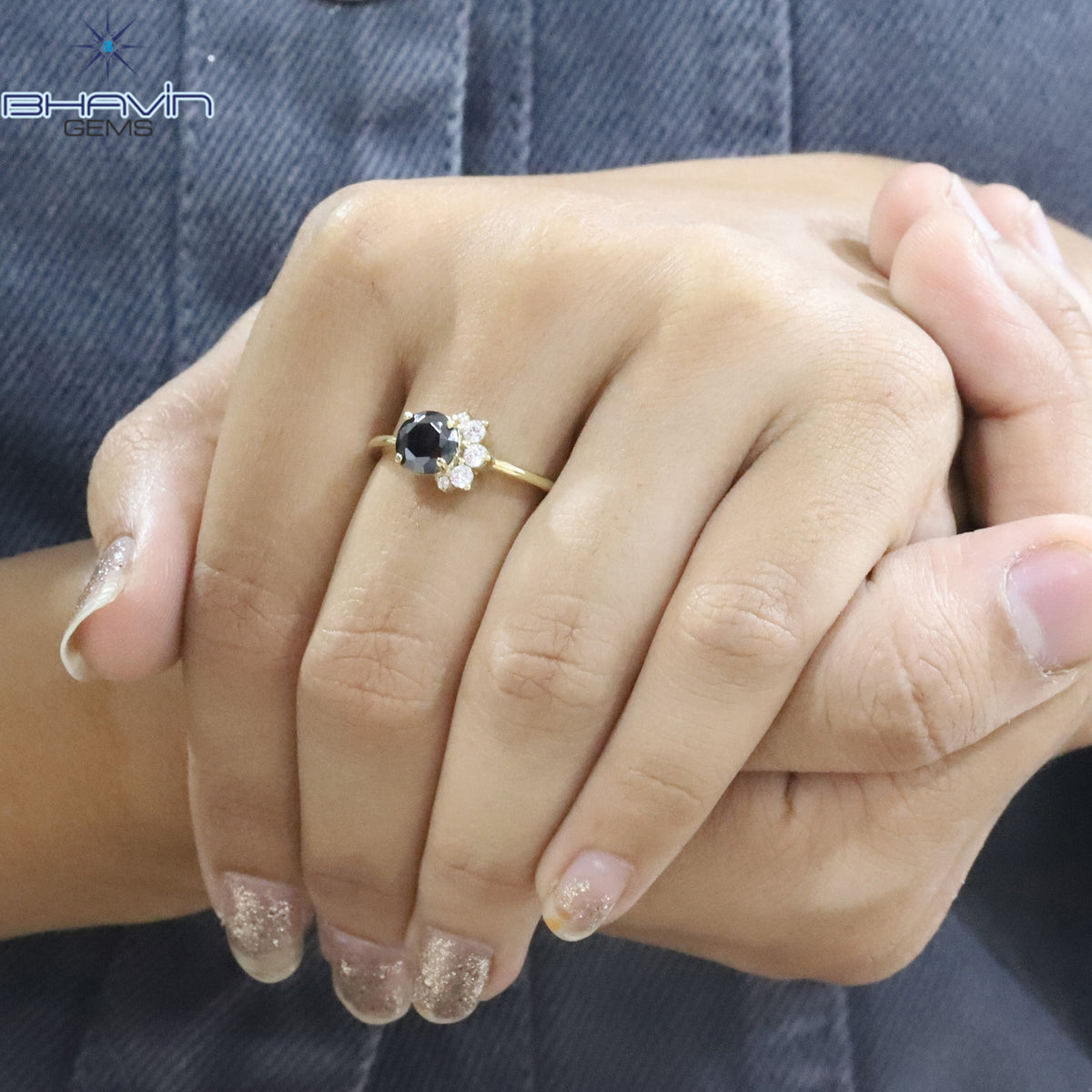 Natural Black Diamond Center Stone Ring with Floral Diamond Setting