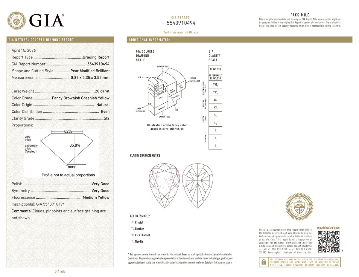 GIA Certified 1.20 CT Pear Diamond Natural Brownish Greenish Yellow Color SI2 Clarity (8.82 MM)