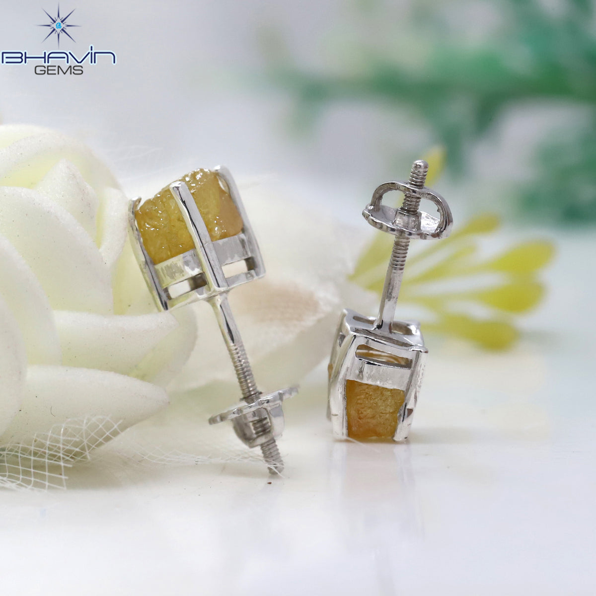 Natural Rough Yellow Diamond Stud Earrings