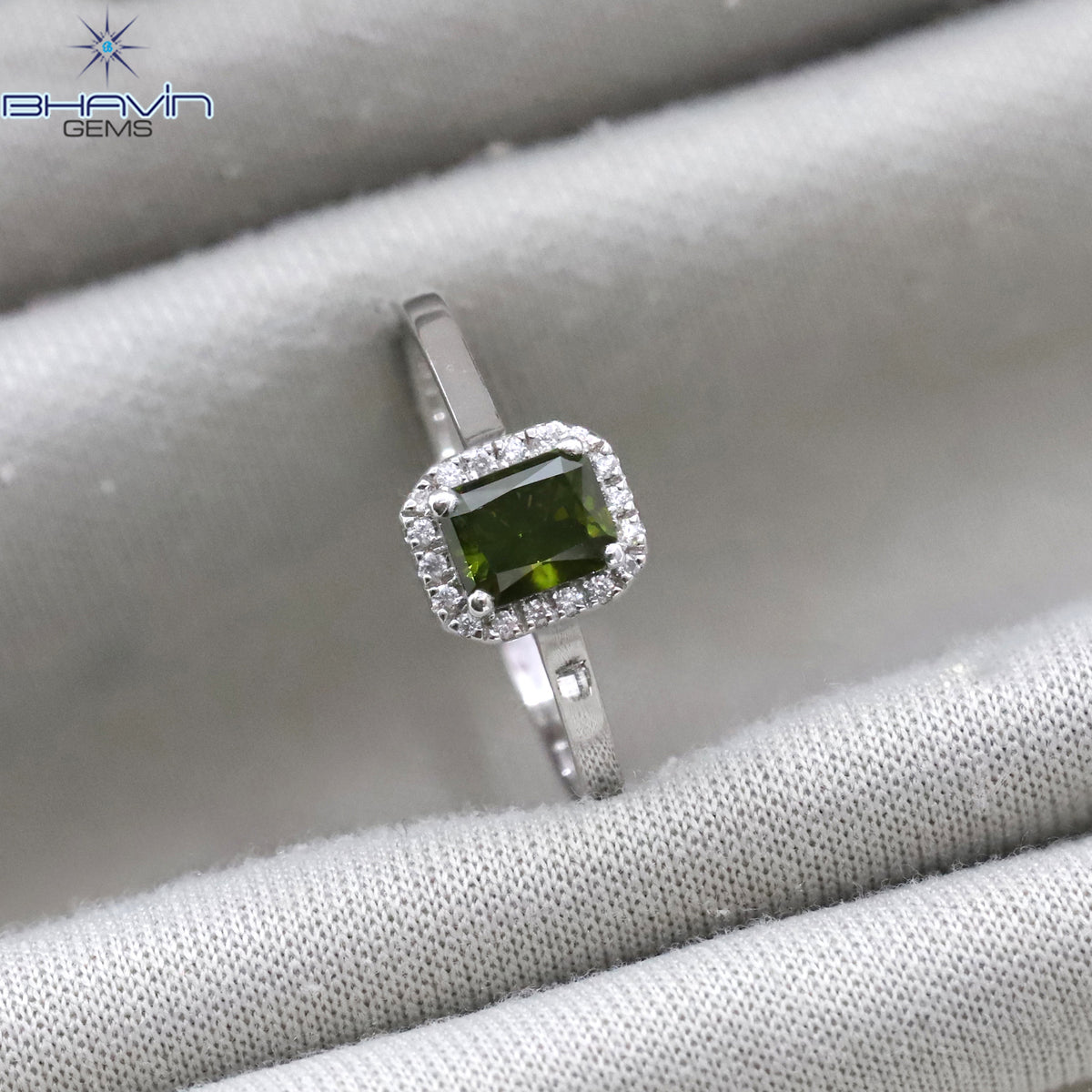 Radiant Cut Fancy Green Diamond Halo Ring in White Gold