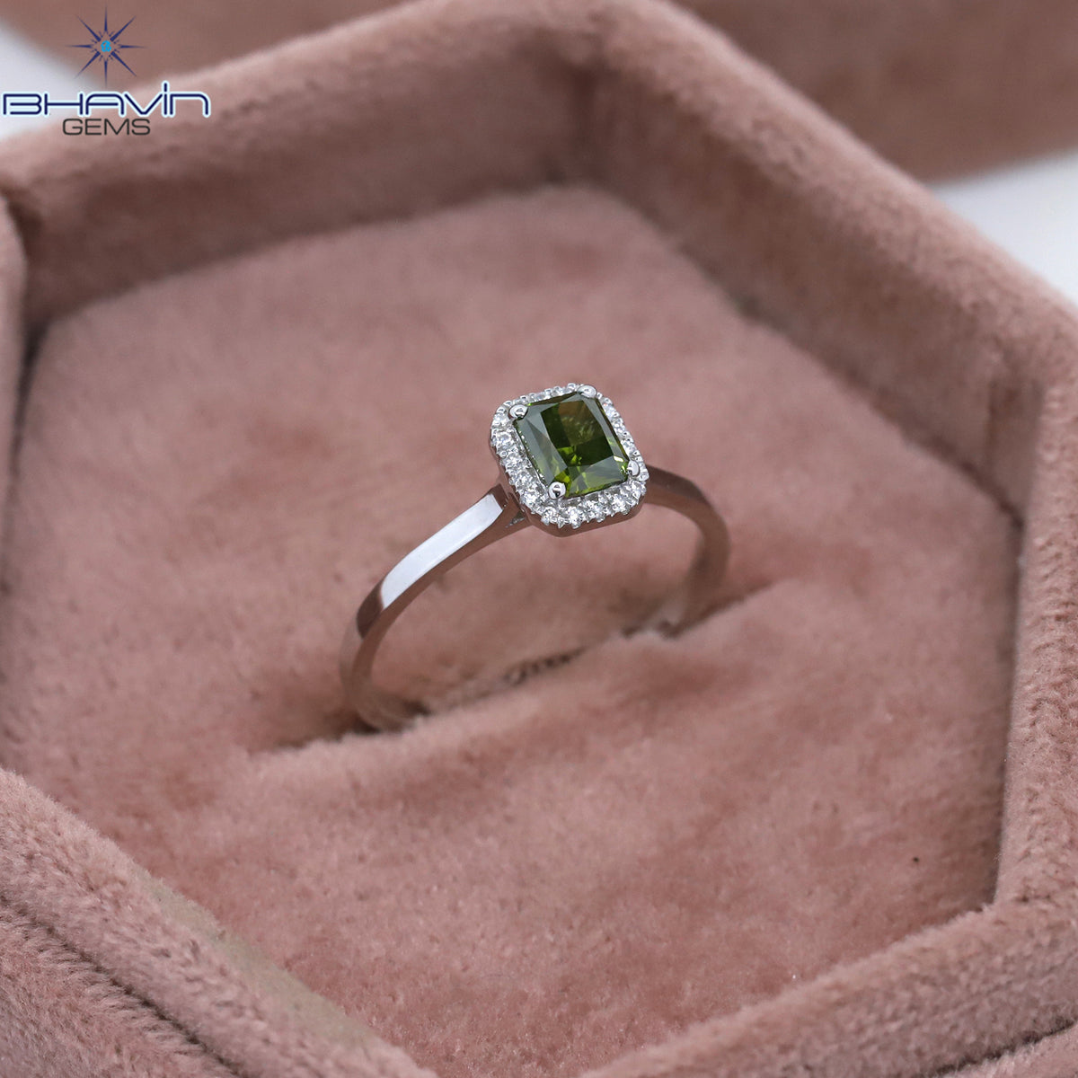 Radiant Cut Fancy Green Diamond Halo Ring in White Gold