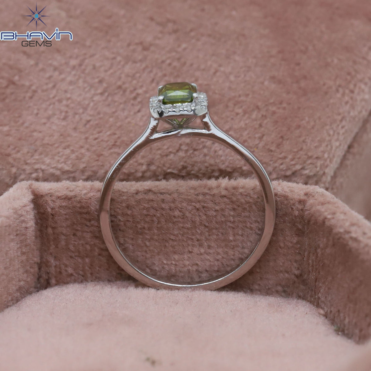 Radiant Cut Fancy Green Diamond Halo Ring in White Gold