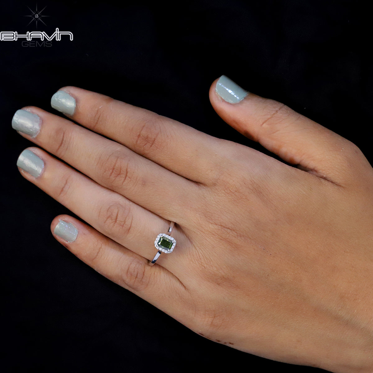 Radiant Cut Fancy Green Diamond Halo Ring in White Gold