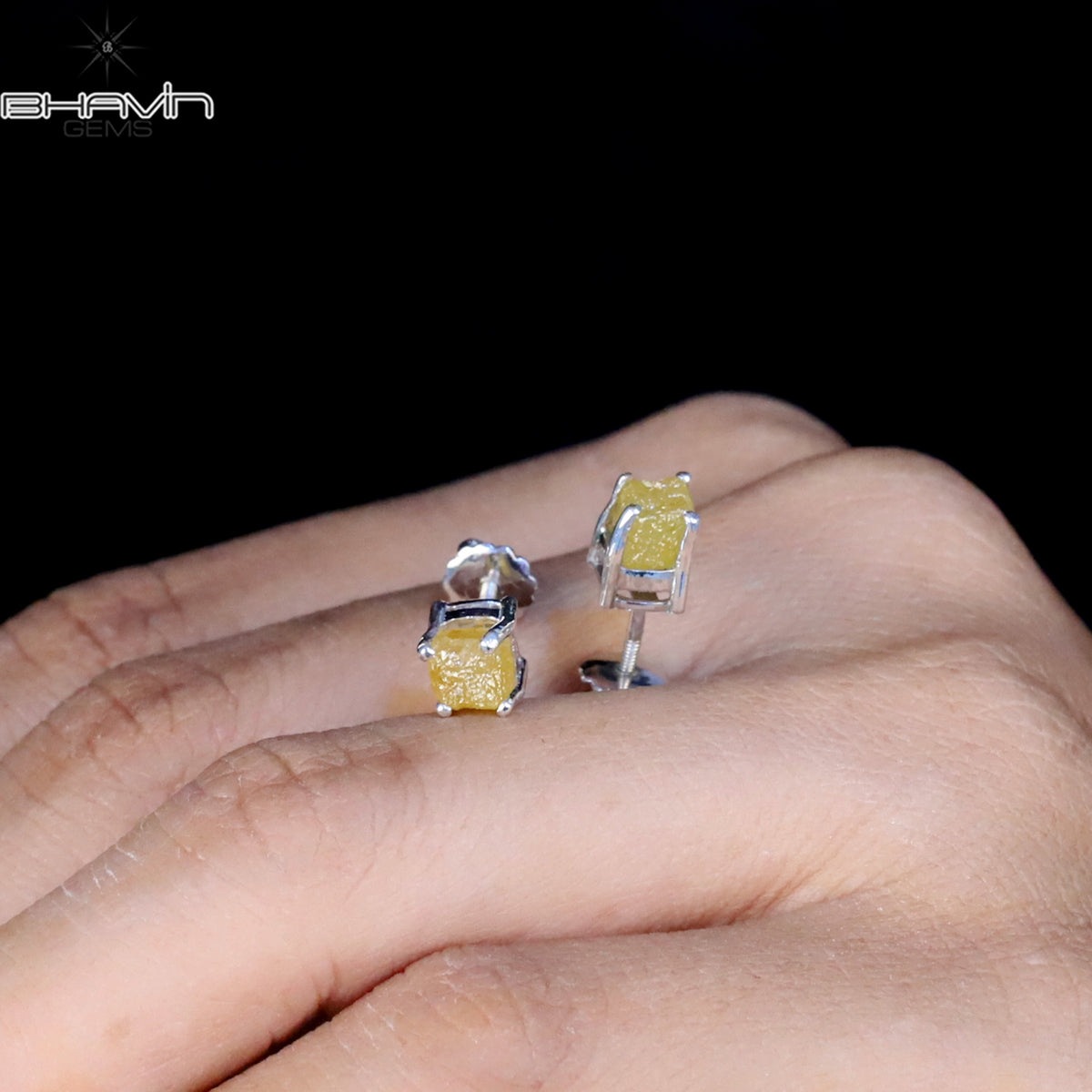 Natural Rough Yellow Diamond Stud Earrings