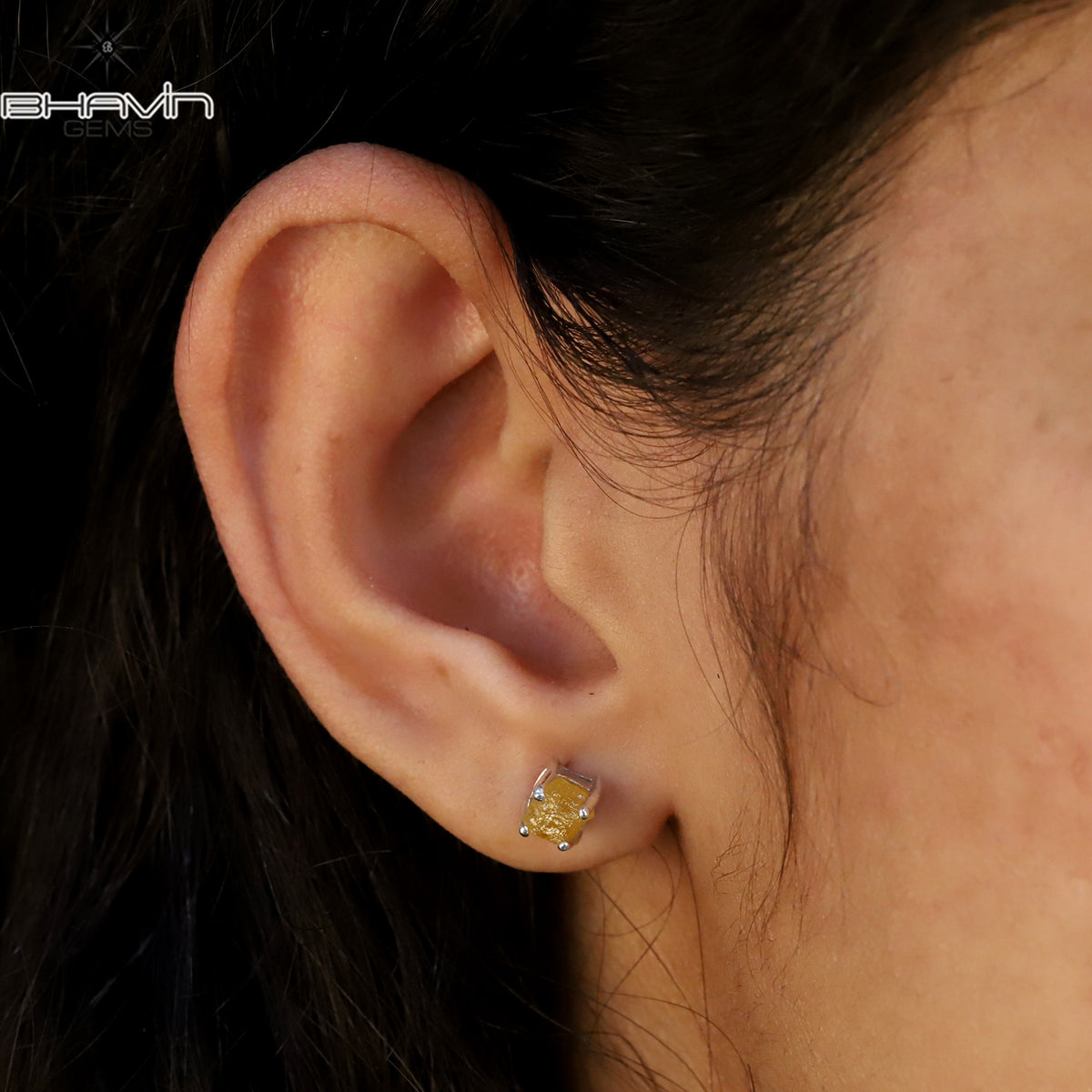 Natural Rough Yellow Diamond Stud Earrings