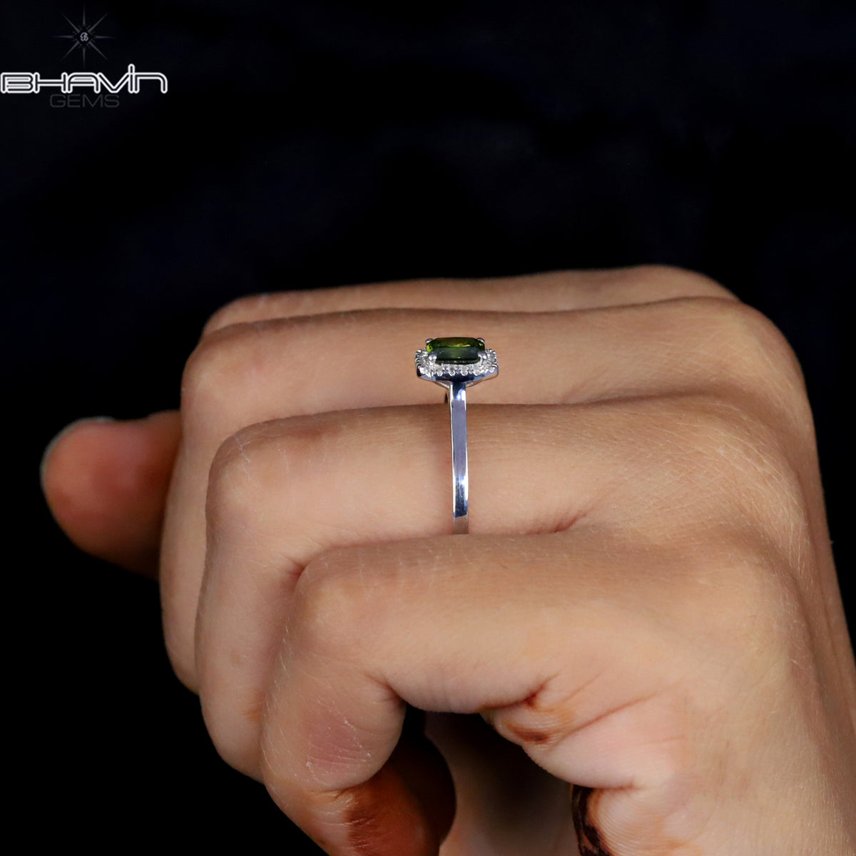 Radiant Cut Fancy Green Diamond Halo Ring in White Gold