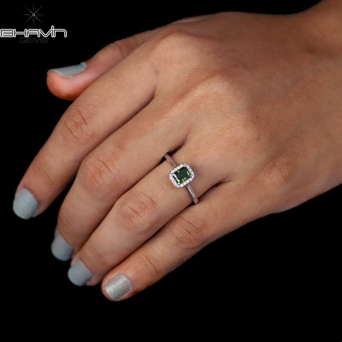 Radiant Cut Fancy Green Diamond Halo Ring in White Gold